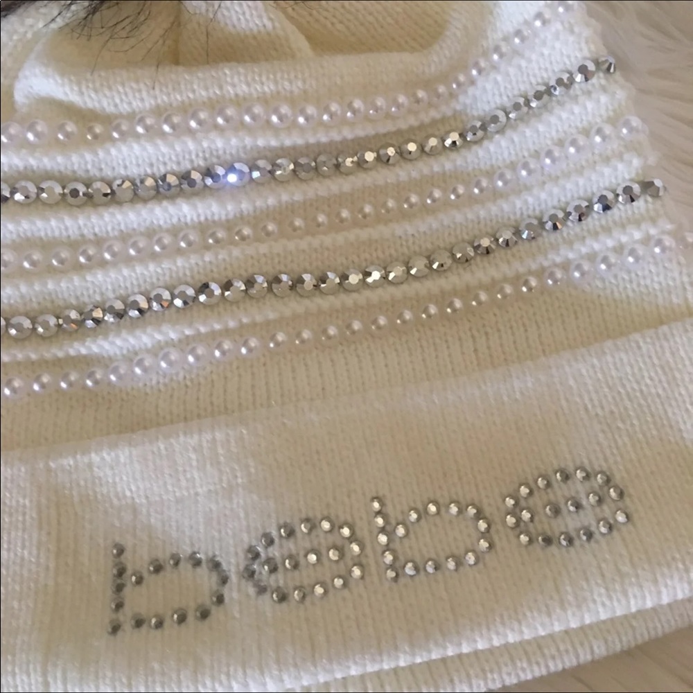 Bebe beanie winter knit hat rhinestone pom white - Picture 3 of 8